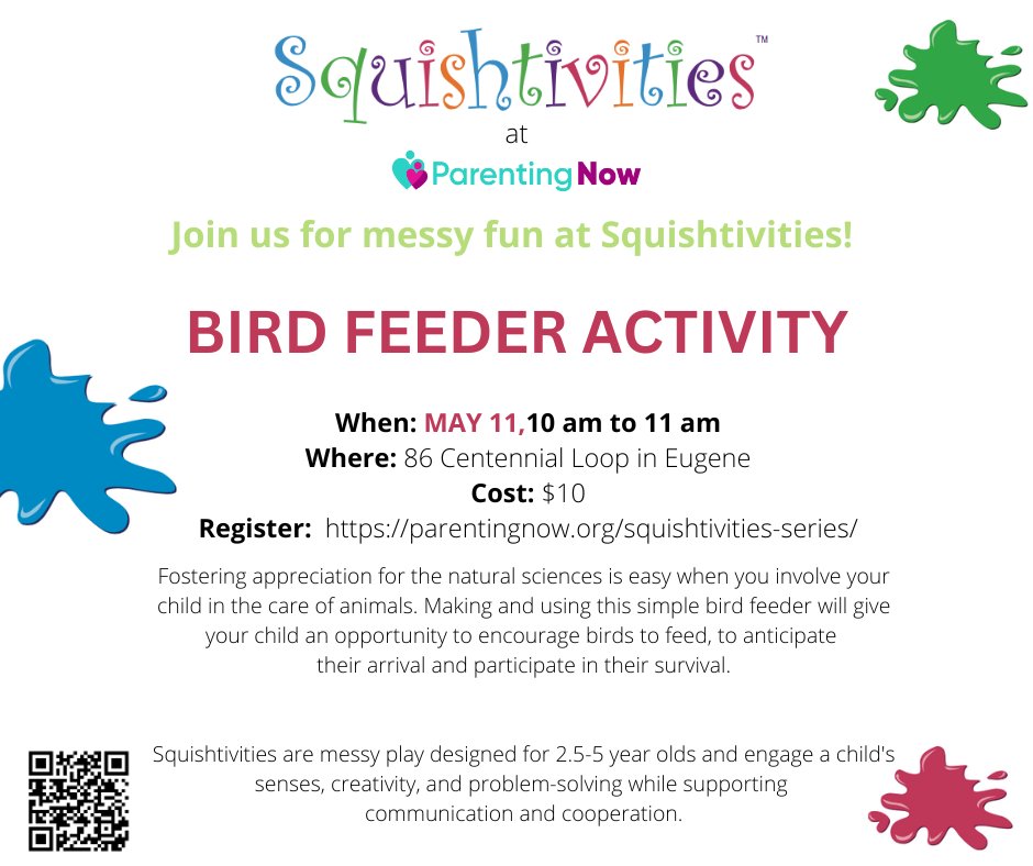 Who's making bird feeders with us on Thursday? We can't wait! Follow the link to register today!

registration.parentingnow.org/events/squisht…