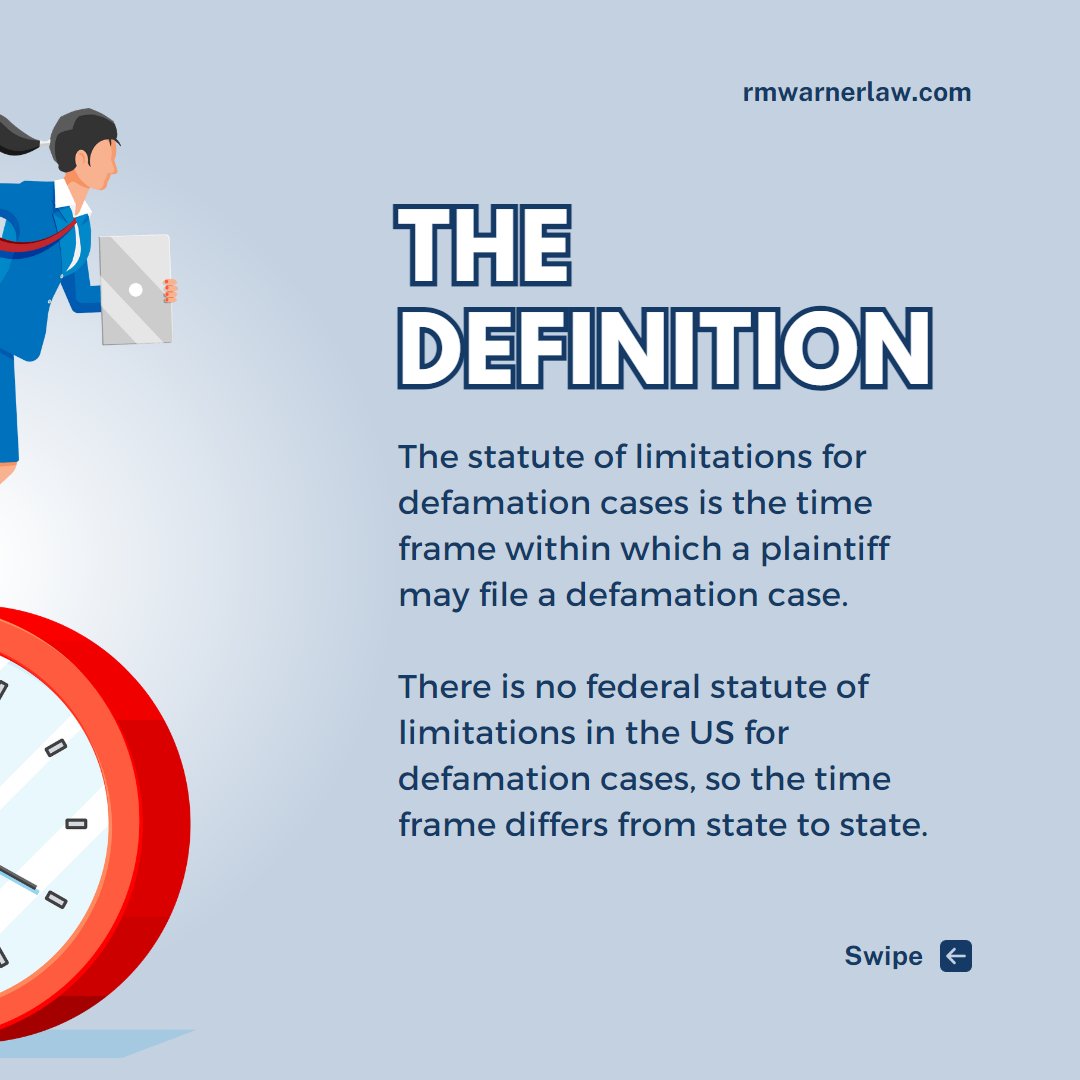 RMWarnerLaw1's tweet image. If you think you're the victim of #defamation, it is important to file a #defamationclaim quickly because of the #statuteoflimitations. Speak with a #defamationlawyer ASAP about your #defamationcase to get the process started. You can do so by clicking the link in our bio today!