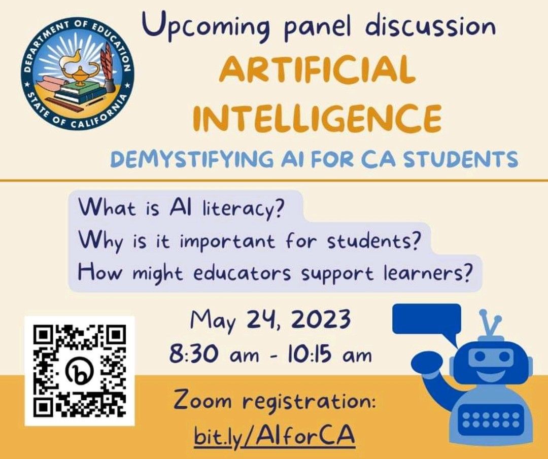 ✨Thanks to those who joined us & @CLEARFRESNO for hosting this generative dialogue @leftcoastpa @msdkblack @CSforCA @ai4k12 Next join @cueinc 5/20 & @kat_goyette @CADeptEd 5/24:📲 Artificial Intelligence: Demystifying #AI for CA Students us02web.zoom.us/meeting/regist… #AIEquity #21CSLA
