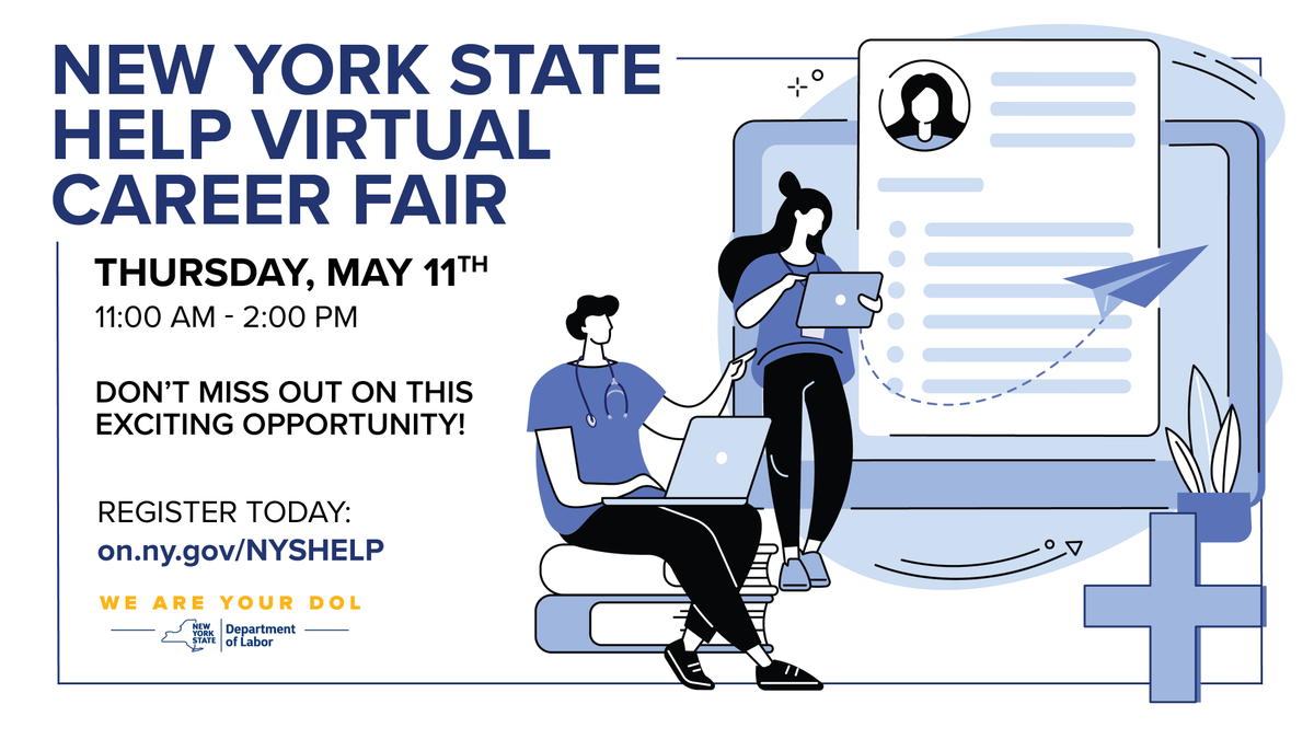 NYSLabor's tweet photo. Our NYS HELP Virtual Career Fair is this Thursday.

This event will connect job seekers with openings in direct care, health, and safety titles while bypassing civil service exam requirements.

Don't miss out on this exciting opportunity. Register today: https://t.co/aBKiFaU17M https://t.co/cT2d0SMgOd