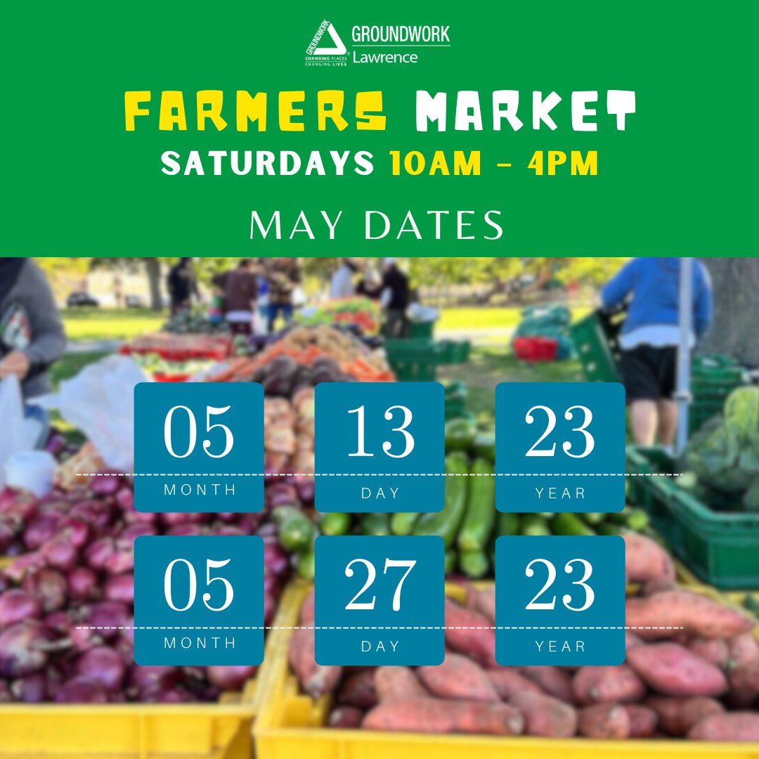 Get the freshest and healthiest seasonal produce at our May #FarmersMarket! 

We'll be at 50 Island Street (entrance B) on May 13th and May 27th, with delicious farm produce, eggs, meats, honey, and more. 

#GroundworkLawrence