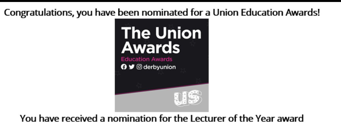 Humbled to have received this nomination - thank you to whoever took the time to do this. 
Very excited to be attending the awards ceremony tomorrow evening @UOD_SONM @DerbyUnion