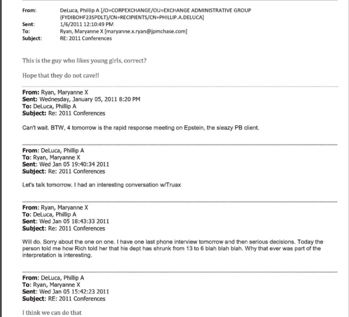 Unsealed docs in the Jane Doe suit against JPMorgan for the bank’s alleged involvement in Epstein’s sex trafficking ring show emails from 2011 between compliance execs referring to Epstein as a “sleazy PB client” and “the guy that likes young girls”