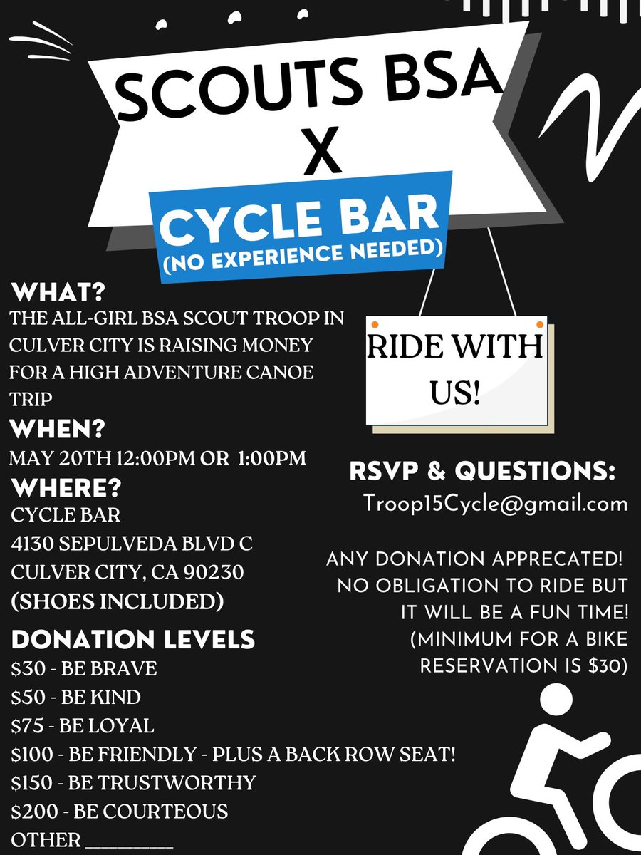 Hi all. My daughter’s all-female ⁦<a href="/boyscouts/">Scouting America</a>⁩ troop is raising money to attend High Adventure Camp this summer. We’d love to have you come and ride with us! Info below.