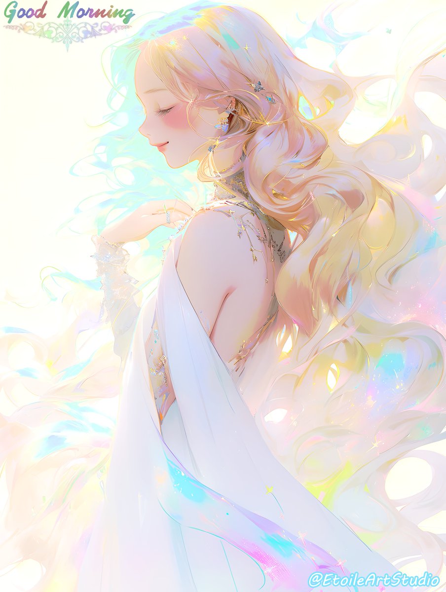 EtoileArtStudio's tweet photo. 「夜明けの女神」
おはイラストです♪
CLIPSTUDIO PAINTの色調補正でトーンカーブいじりまくったら、こんな色合いに🌈ChatGPTにこの女神の名前をつけてもらったら"Aurora"（オーロラ）"ですって👸いいかも？では良い一日を🍀
#おはよう #AIイラスト #AIArtwork #みんなで楽しむTwitter展覧会 #芸術の輪 https://t.co/2nmRhtlFHb