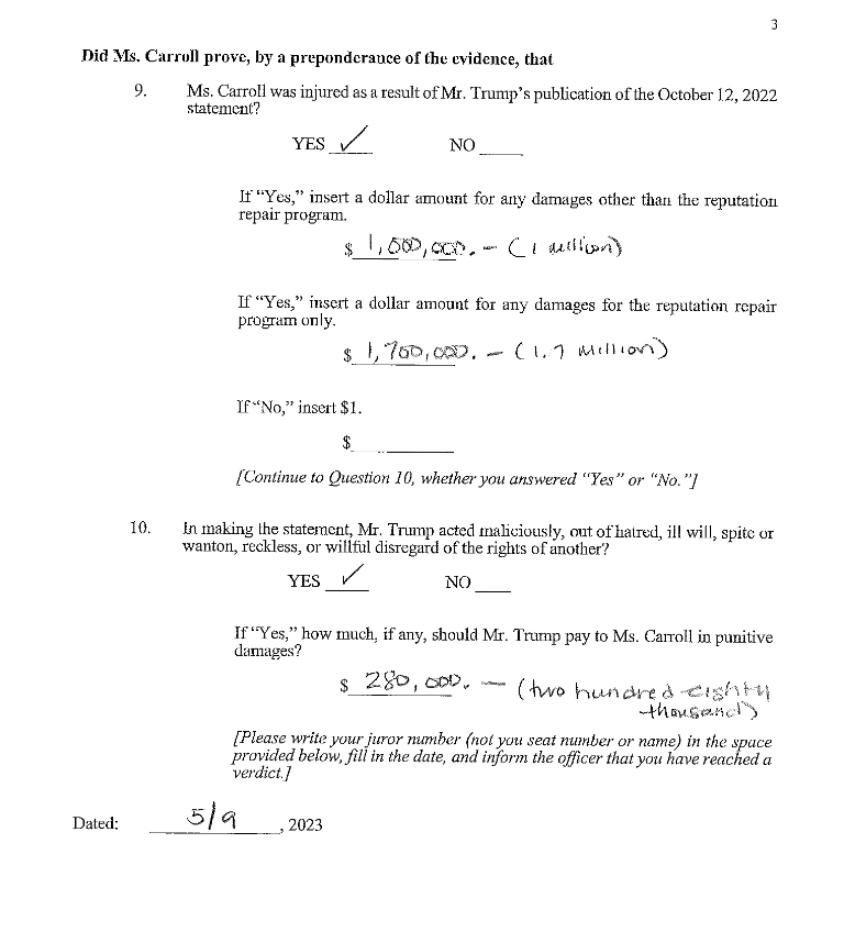 The verdict form is now public in E. Jean Carroll v. Trump. @LawCrimeNews