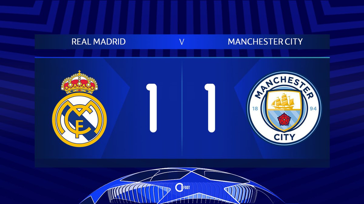⏱️ TERMINÉ !

REAL MADRID 🇪🇸  1-1  🏴󠁧󠁢󠁥󠁮󠁧󠁿 MAN. CITY

Pas de vainqueur dans cette spectaculaire demi-finale aller.
Le match retour, à l'Etihad mercredi prochain, s'annonce déjà bouillant ! 🔥🥵