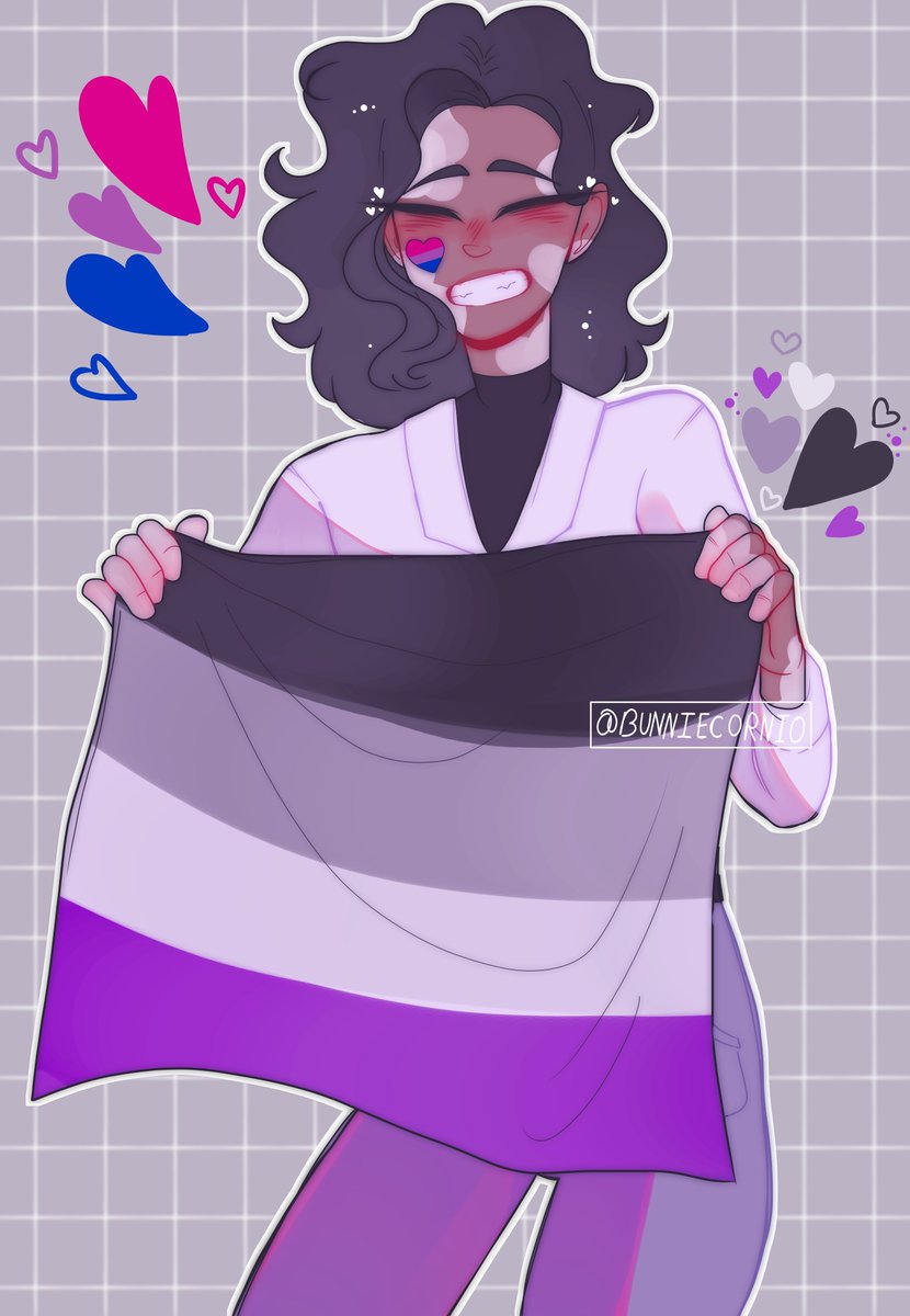 Dibujé a Ángel con su banderita <3 
Amo los colores de la bandera asexual, siento q van bien con mi coloreado 

#Pride #Pride2023 #BiPride #AcePride