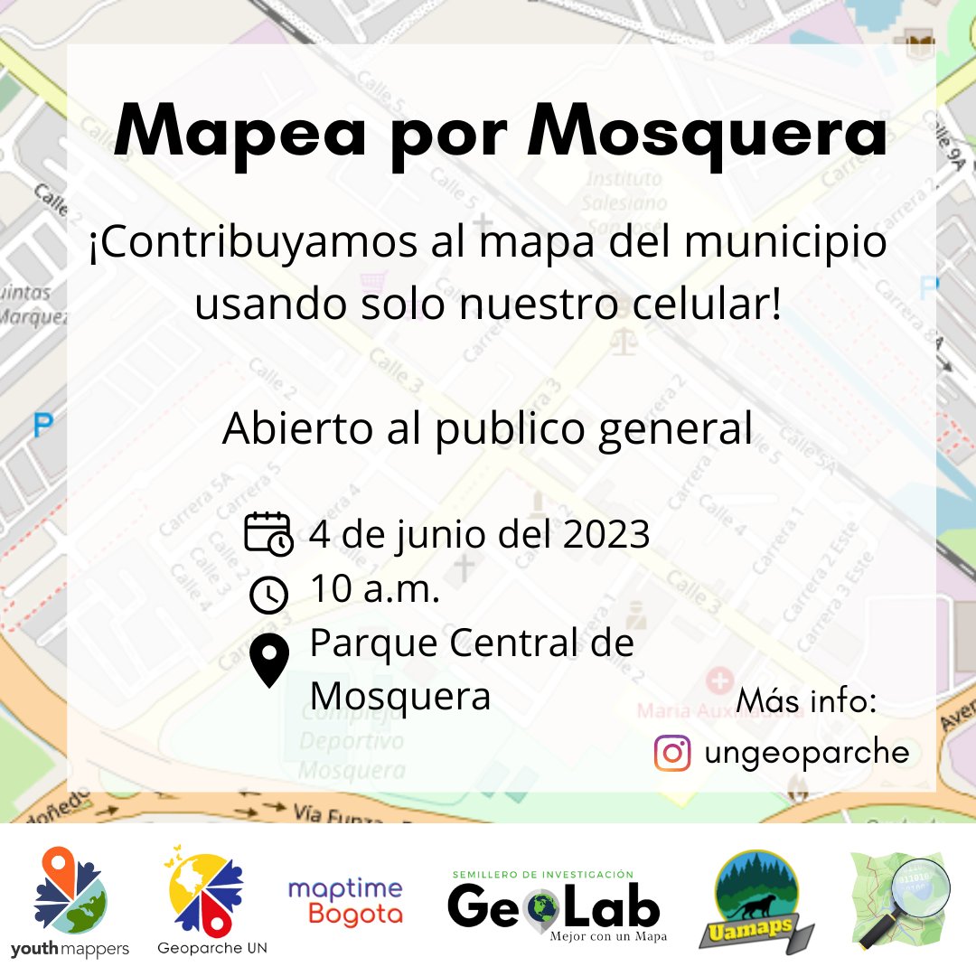 Te invitamos a que asistas al Mapping Party que vamos a co-organizar con Geoparche UN.

Tan solo necesitas instalar @StreetComplete en tu celular Android.

Ven y participa del evento. No necesitas de saber de mapeo, o cartografía, solo las ganas de hacer voluntariado digital.