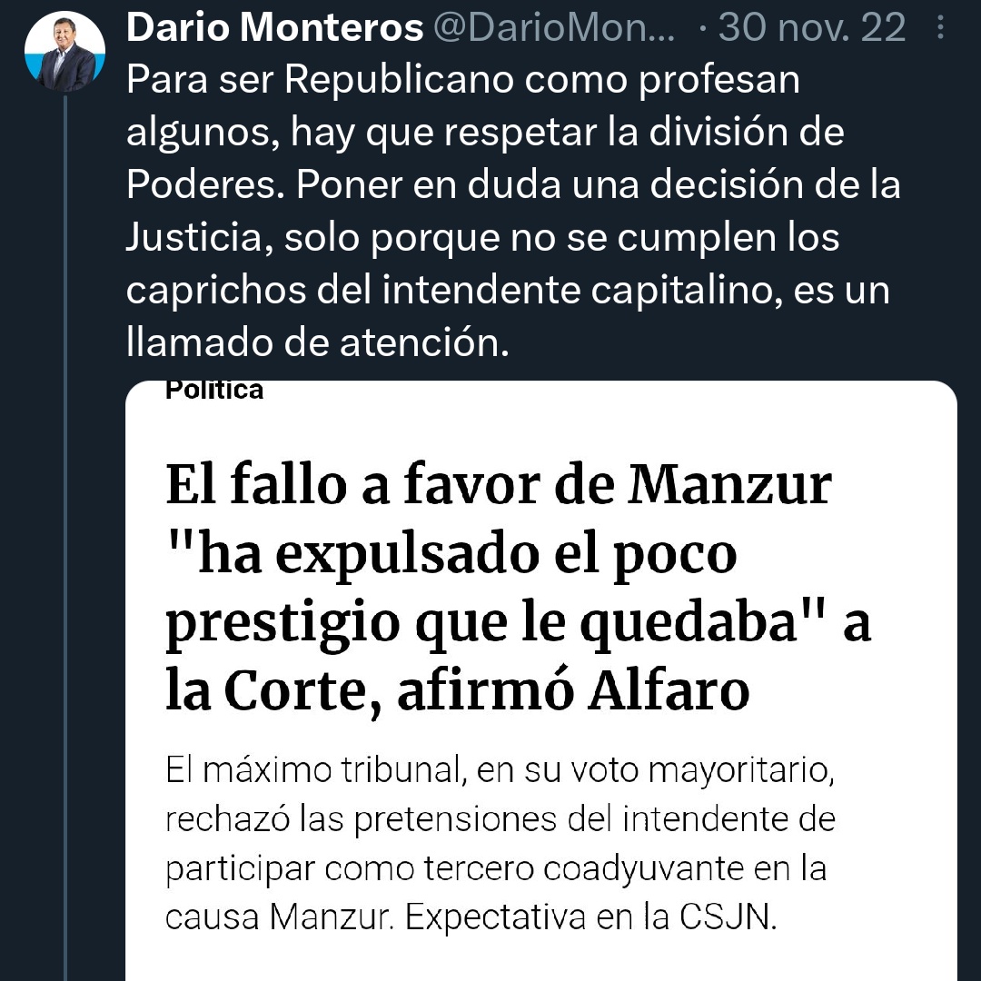 Migueldiosquez's tweet photo. Señor @DarioMonterosOK ¿respetamos o no la división de poderes? Yo creí que usted pregonaba el republicanismo, pero lo veo molesto por el fallo de nuestra CSJN. 
[Hilo] https://t.co/OnkwA1ZNJq