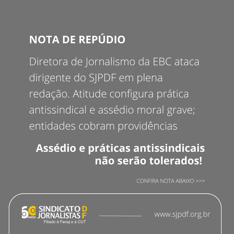 sjpdf's tweet photo. Sindicatos de jornalistas e radialistas, Fenaj e Comissão de Empregados/as da EBC repudiam as agressões verbais e o assédio moral por parte da diretora Flavia Filipini ao dirigente do SJPDF, Gésio Passos, nesta terça (9), na EBC, em Brasília.
Confira nota:
https://t.co/rEAznbW0X9 https://t.co/PoJgZPpwST