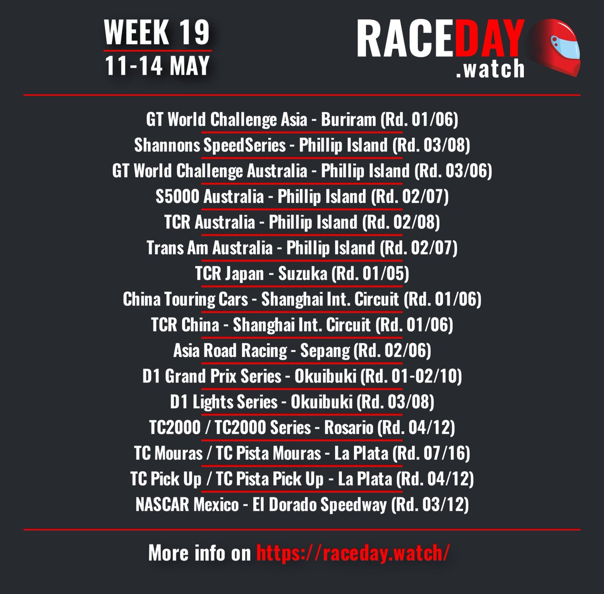 Week 19 on RaceDay.watch!

@MotoGP / #FrenchGP
@OfficialWRC / #RallydePortugal
@ExtremeELive / #HydroXPrix
@IndyCar 
@INDYNXT 
@IMSA 
@NASCAR 
@NASCAR_Xfinity 
@NASCAR_Trucks 
@GTWorldChEu 
@FerrariRaces 
@FormulaDrift 
@GTWorldChAsia 
@SpeedSeriesAU 
@GTWorldChAUS