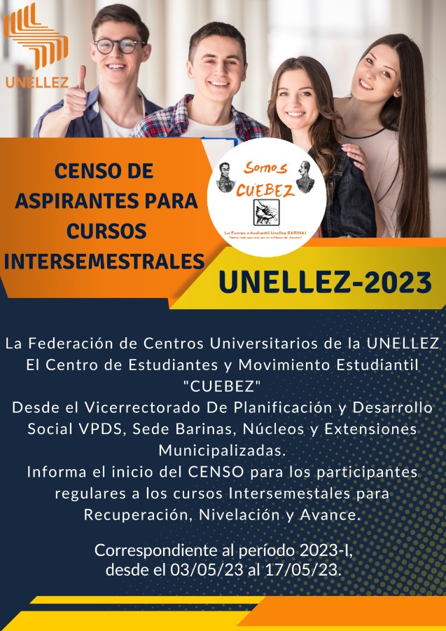 El censo está dirigido a la sede #Barinas, núcleos y extensiones municipalizadas adscritas al #VPDS, correspondiente al período lectivo 2023-I. cutt.ly/06ftWlJ

#Unellez 
#Intersemestrales
#MaduroMásPueblo