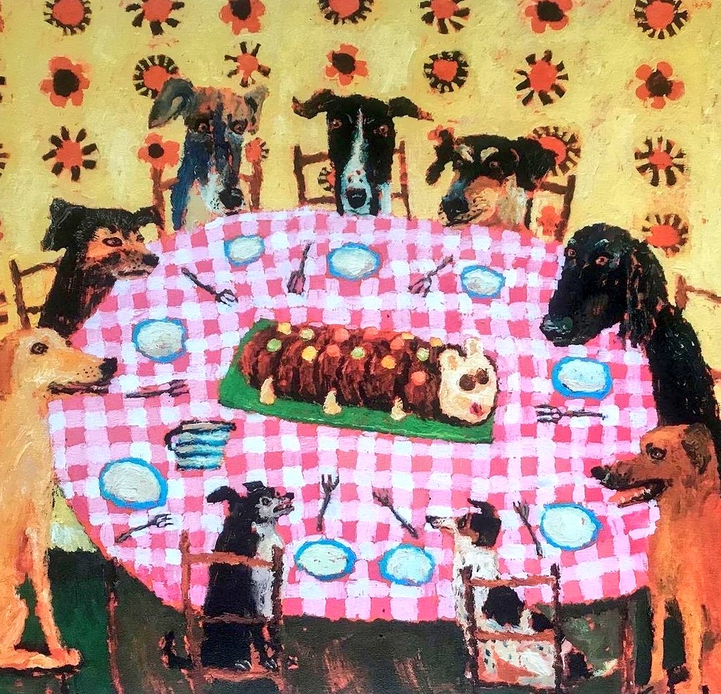 whenever i feel even slightly sad i just look at this vanessa cooper painting of some dogs politely about to enjoy a caterpillar cake