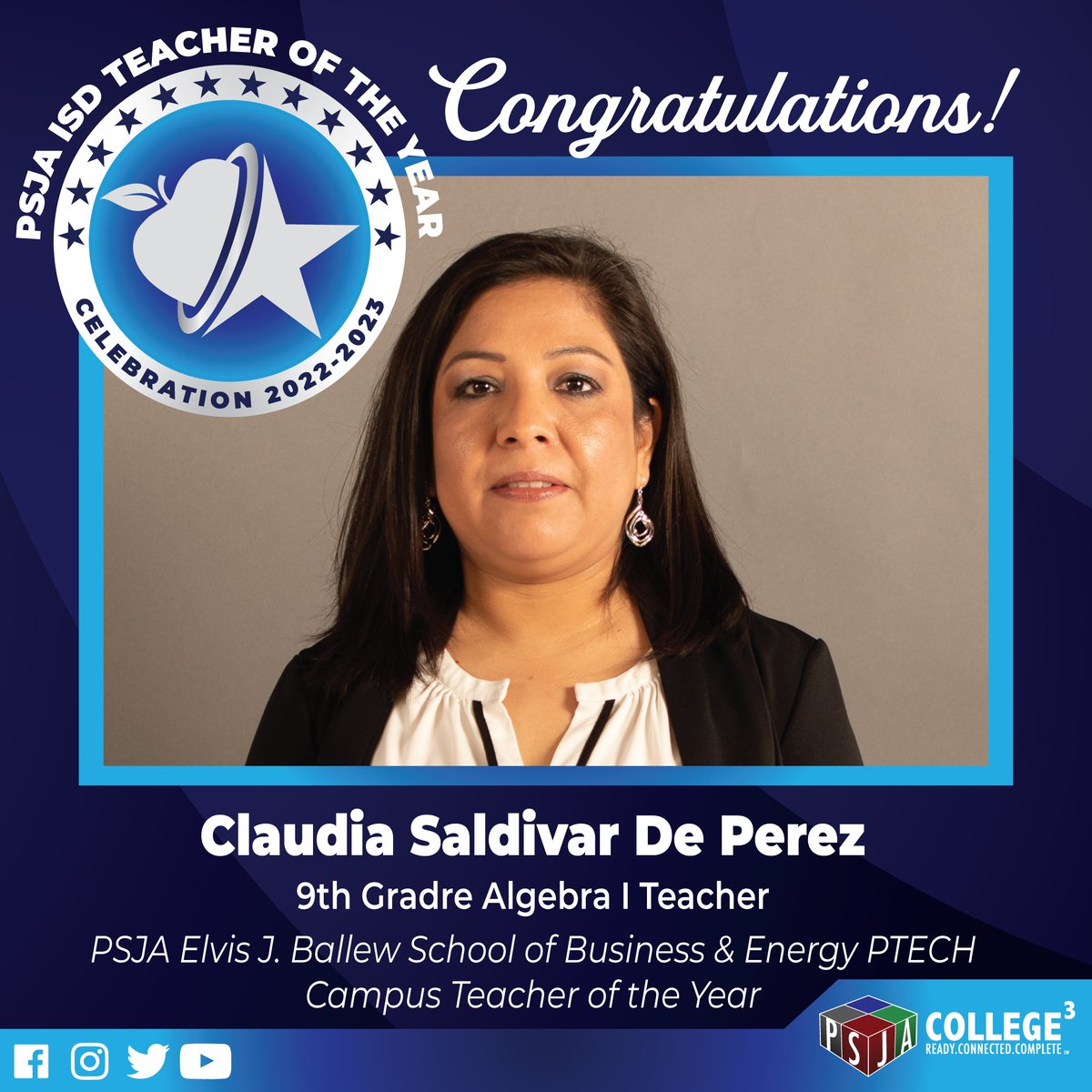 Congratulations to Claudia Saldivar De Perez, our 2023 PSJA Elvis J. Ballew School of Business &amp; Energy P-Tech Campus Teacher of the Year! 

#WeLoveOurTeachers