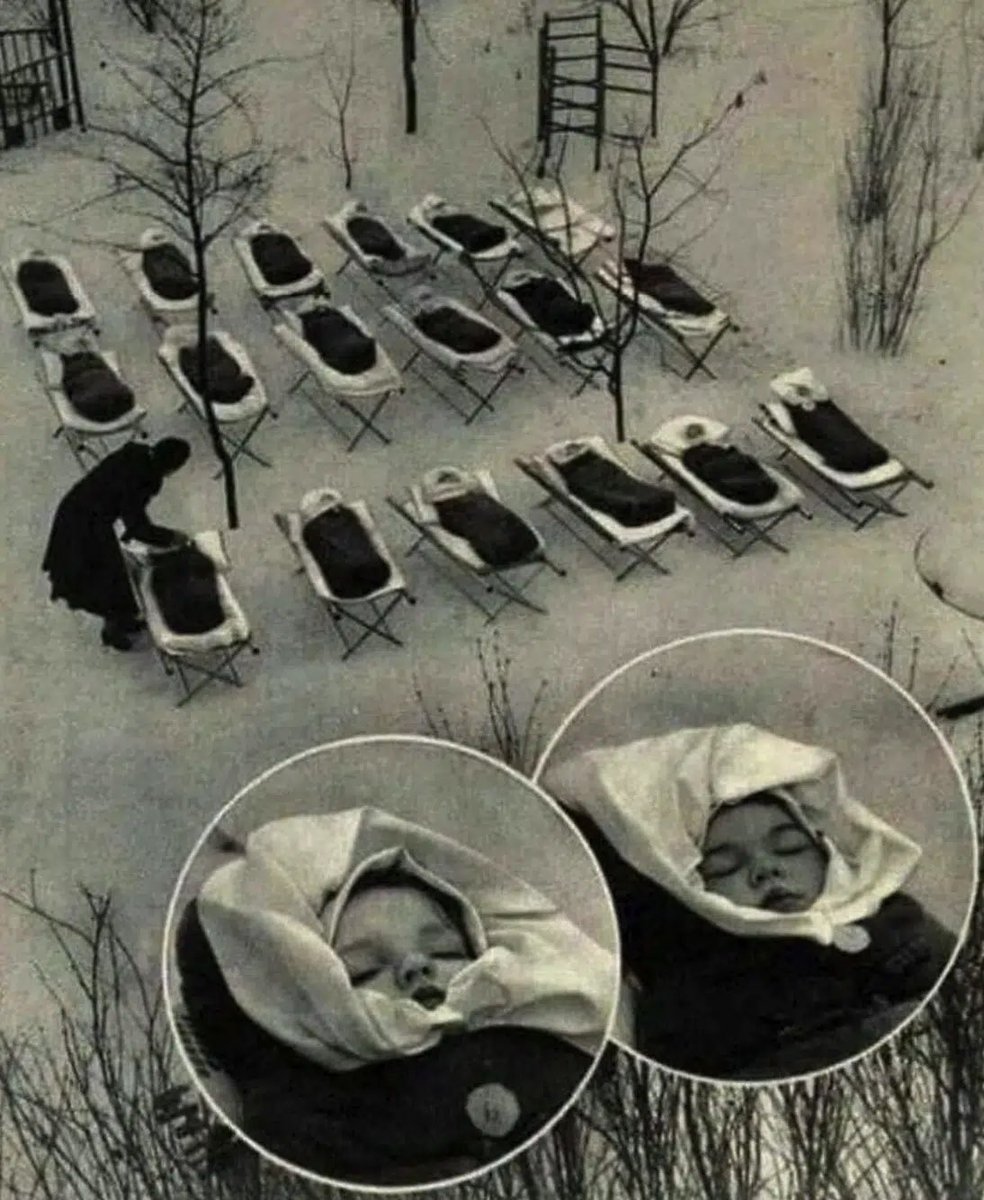 Winter Proofing New Russian babies, Moscow, 1958. They believe that the cold, fresh air boosts their immune system and allows them to sleep longer.