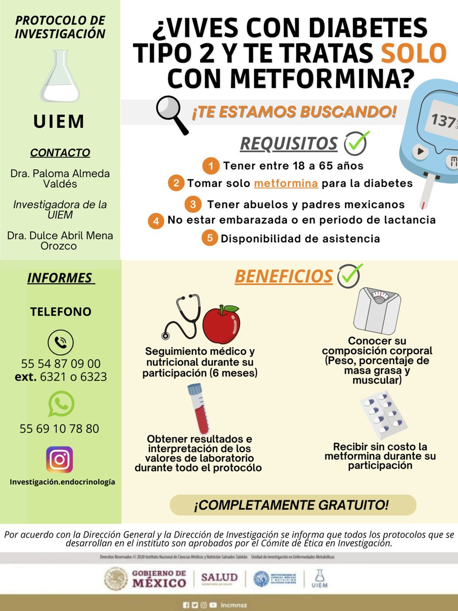 incmnszmx's tweet photo. *** PROTOCOLO ***
¿Vives con Diabetes tipo 2 y te tratas solo con Metformina? ¡TE ESTAMOS BUSCANDO!
Para mayor información 5554870900 ext. 6321 o 6323 WhatsApp 5569107880 https://t.co/do6hDz5Ti0
