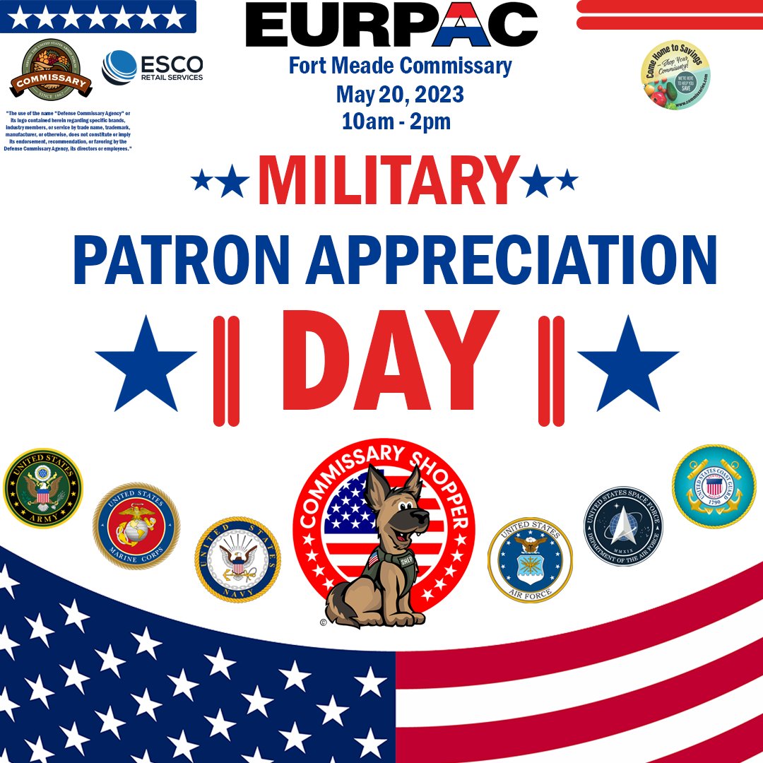CommissaryShep's tweet photo. Patrons of Ft. Meade Commissary, Join us on Saturday, May 20 from 10 am - 2 pm for the Military Patron Appreciation Day event at @YourCommissary!๐
We'll have giveaways, raffle, coupons & much more! Come join in on the FUN! ๐๐ฅณ
@FortMeadeMD
.
.
#ftmeade #militaryappreciation https://t.co/kz5sGEpfmI