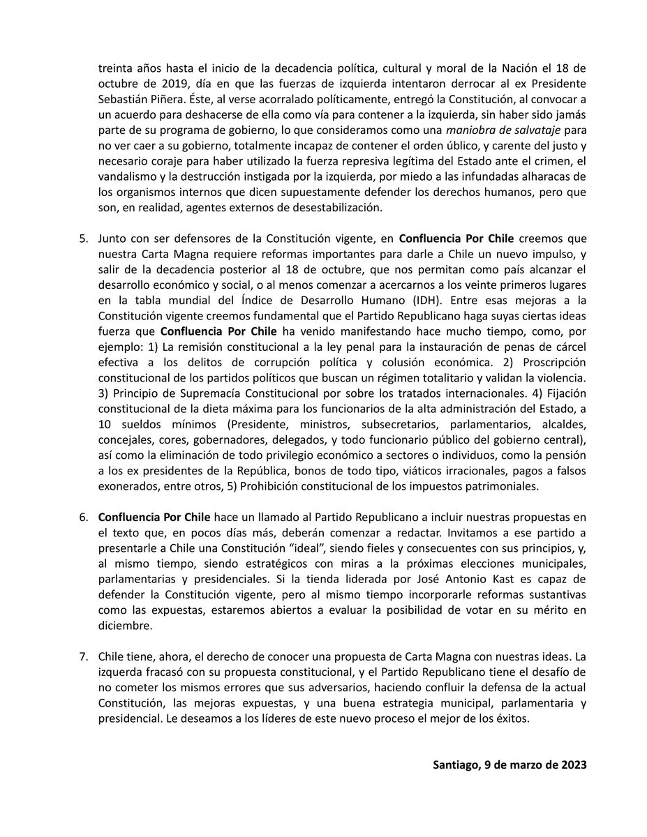 Declaración Pública sobre las elecciones del domingo 7 de mayo de 2023. Felicitamos al Partido Republicano <a href="/PRChile/">Partido Republicano</a> por el triunfo, pero llamándolo a defender la Carta Fundamental vigente y añadirle reformas que nos permitan como país avanzar hacia el desarrollo: