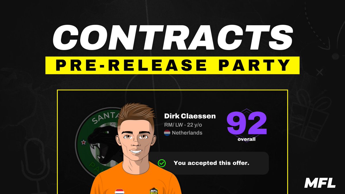 playMFL's tweet photo. CONTRACTS PRE-RELEASE PARTY 🎉✍️

Join us on Thursday to
✍️ Get all the alpha on Contracts
📺 Watch a live demo as we present the new features
🤓 Join the trivia and win prizes 🎁

⌚ 8:30PM UTC | 4:30PM ET

#onFlow #Web3Gaming https://t.co/APQic60xqa