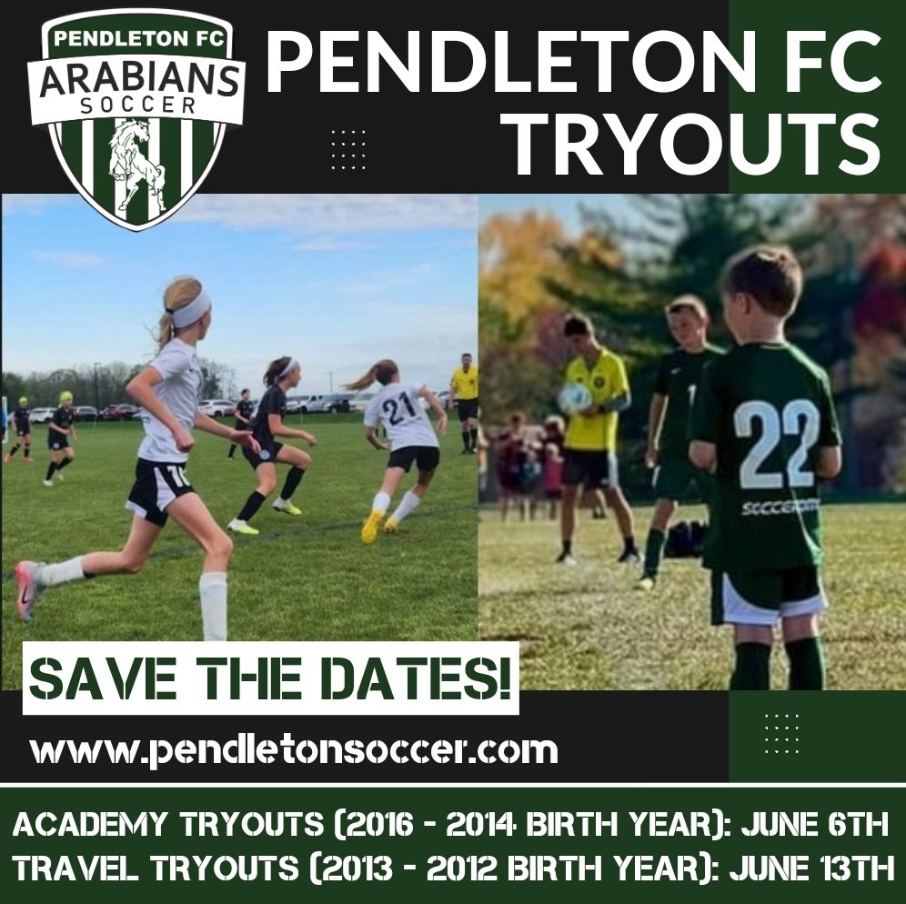 Pendleton_FC's tweet image. Ready for the next level? 

SAVE THE DATE! We will be holding our 2023-24 Academy Tryouts (2016 - 2014 Birth Year) June 6th and Travel Tryouts (2013 - 2012 Birth Year) June 13th.

Visit our website to learn more about our programs, pendletonsoccer.com, (Tryout Times are TBA).