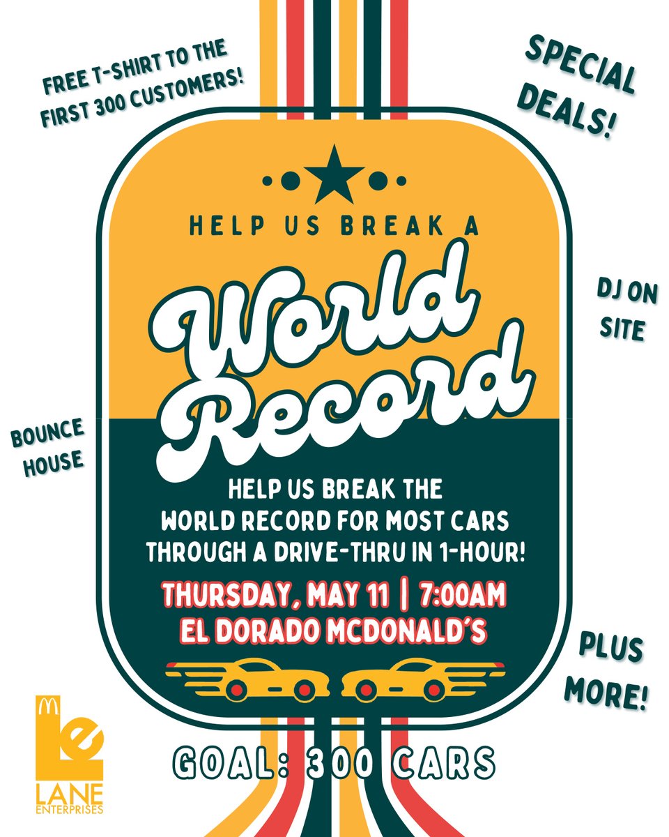If you love McDonalds, free t-shirts, and breaking world records… this event is for you 👀🍔

Help El Dorado McDonald’s break a world record this Thursday, May 11th at 7 am!