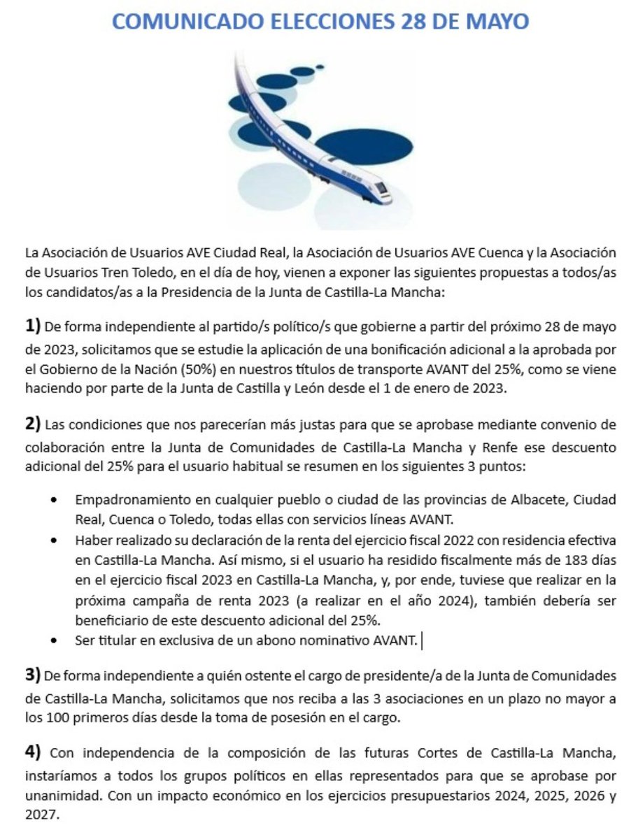 AVE_CiudadReal's tweet photo. Comunicado Elecciones del 28M👇 @avant_toledo @PP_CLM @pscmpsoe @PodemosCLM @CS_CLM @VOXCiudadRealpr @SER_Ciudad_Real @LaTribunaCR  @tribunadetoledo  @Lanzadigital @CopeCR @cpuertollano @RTVEclm @OtraCR @Nacho_Hernando @gobjccm @garciapage @AveCuenca https://t.co/NKOtdTiLzG