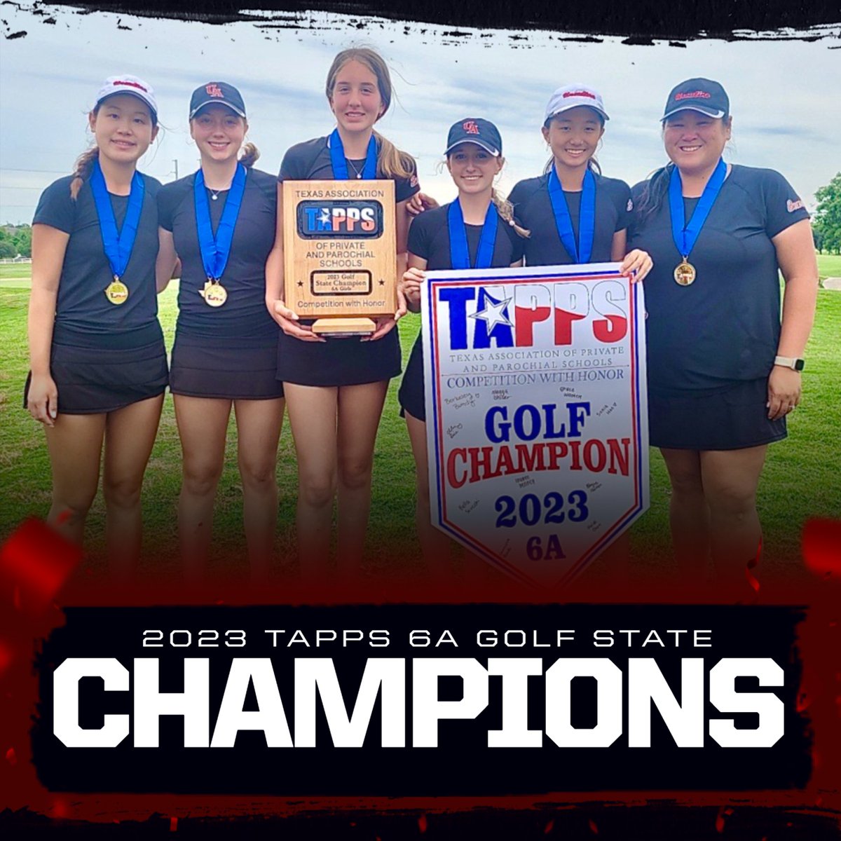 UrsulineSports's tweet photo. STATE CHAMIPONS..........again!

Golfing Bears win their 5th consecutive State Championship in Waco!

Individual Results:
Berkeley Bundy - 2nd
Sonia Hao - 5th
Bella Scucchi - 6th
Chloe Rice -10th
Heidi Chen - 12th https://t.co/I1f3W3xN4O