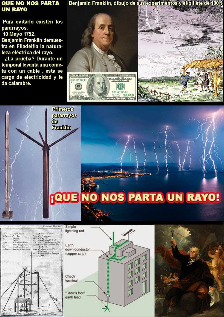 JostoMaffeo's tweet image. ⚡💔 QUE NO NOS PARTA UN RAYO 

Para evitarlo existen los #pararrayos. 
 10 Mayo 1752. Benjamin #Franklin demuestra en #Filadelfia la naturaleza eléctrica del #rayo. 
 ¿La prueba? Levanta una cometa con un cable durante un temporal, se carga de electricidad y le da calambre.
