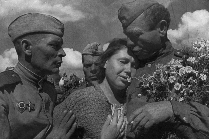 Soviet victory celebrations are mixed with grief. War against Nazis has been devastating. About 70% of men born in USSR in 1923 are now dead.