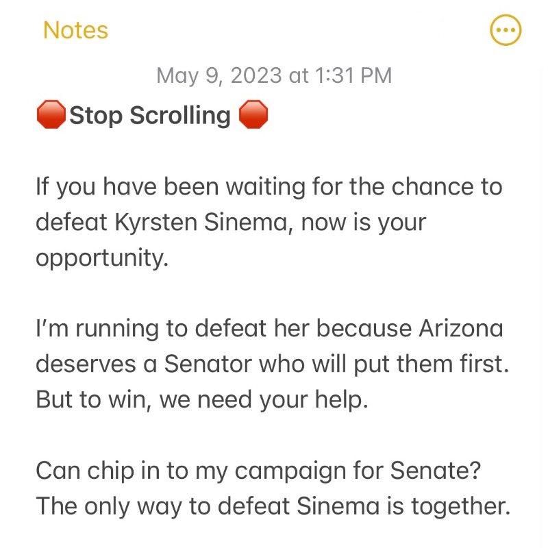 RubenGallego's tweet photo. Please read. I can't defeat Sinema alone. It’s going to take a team to accomplish this mission, especially one as important as this. Chip in today.