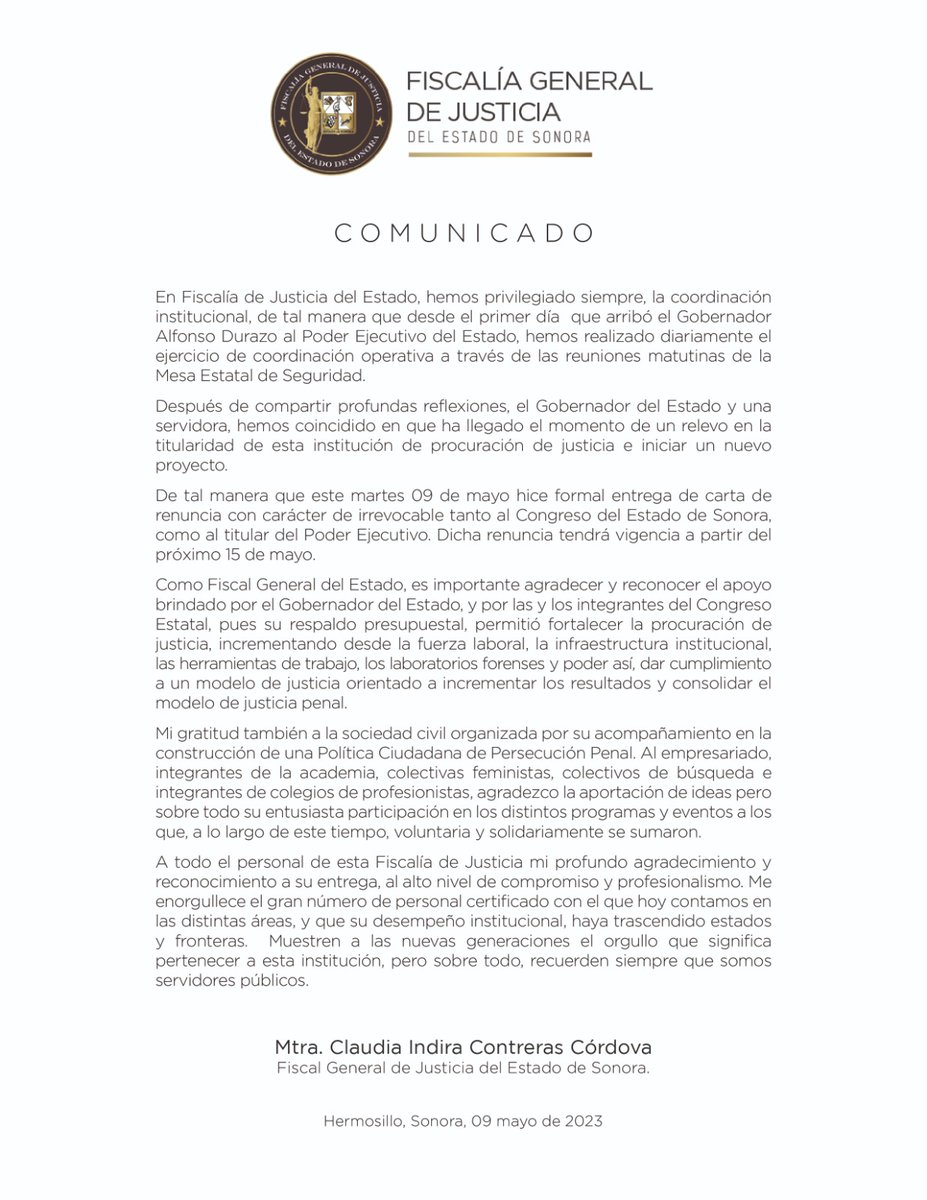 fgjesonora's tweet photo. COMUNICADO

Fiscalía General de Justicia del Estado de Sonora

https://t.co/CJZszB3vO2

Claudia Indira Contreras Córdova, Fiscal General del Estado de  Sonora. https://t.co/HbpUfRGpBs