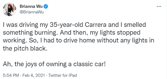 BTWilliams2's tweet photo. @Funnycarfan @GirlRyan27 @BriannaWu depends on if it's Brianna's car!

I think driving around in the pitch black with no lights is already banned, but it didn't stop a criminal from doing it.
maybe John...I mean Brianna was trying to get up to speed to fan the flame so she could see https://t.co/9CqpZxGlQG