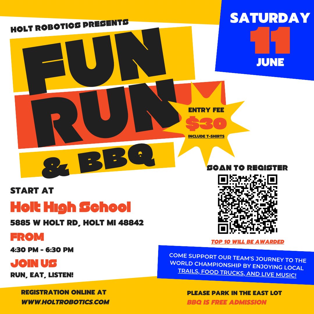 HoltRobotics's tweet photo. The Robo Rams are thrilled to invite you to our first annual Fun Run! This exciting event is all about bringing our community together to support our team's journey to the World Championship.

Register via QR Code or on our website! https://t.co/AA7PLS478j