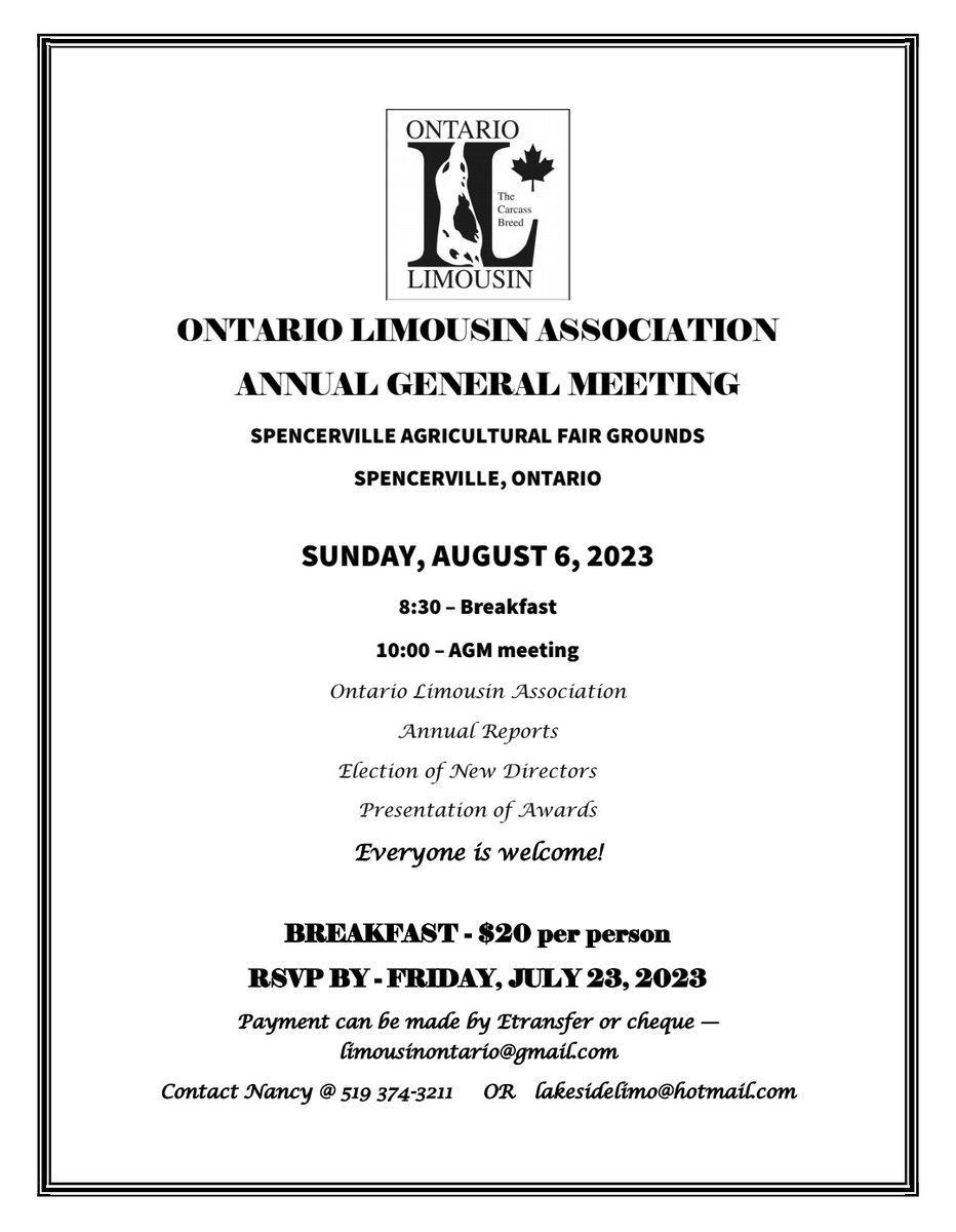 Please plan on joining us the summer! Hosted in conjunction with the National Jr. Limousin Show and Canadian Limousin Association AGM.
<a href="/CDNLimousin/">Canadian Limousin</a>