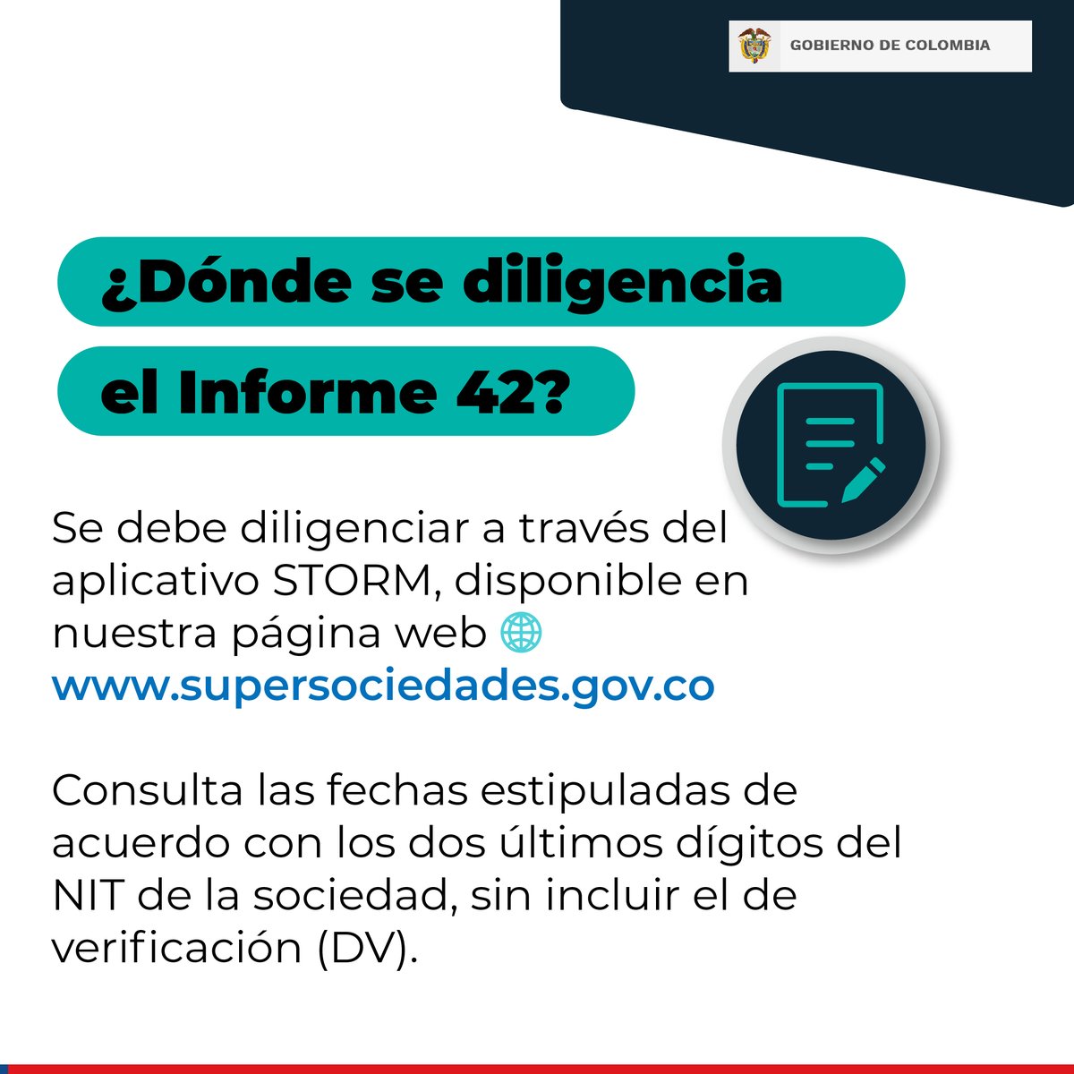 SSociedades's tweet photo. ⏳¡Envía a tiempo el Informe 42!

Las empresas vigiladas o controladas por la @SSociedades deben enviar el #Informe42 de Prácticas Empresariales, a través del aplicativo STORM.

Conoce los plazos estipulados🔔
Más información aquí ➡️https://t.co/F2sgFH5Drs https://t.co/zTj9uESnfW
