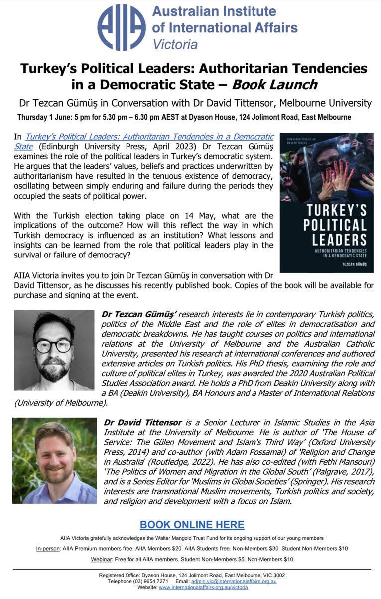 Please join myself and @DrDaveTittensor talk about my new book 'Turkey's Political Leaders: Authoritarian Tendencies in a Democratic State' and #Turkey’s 14 May election results at @AIIAVIC on June 1st 
bit.ly/3VTzJF5

@melbasiareview @MESF_Deakin @aaimsau @POLIS_Deakin