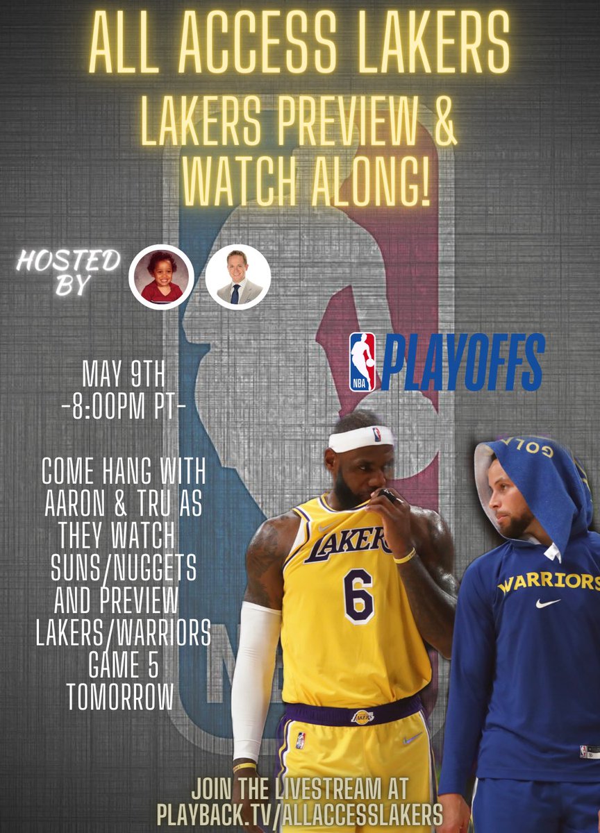 Want to watch Suns/Nuggets & preview #LakeShow #DubNation Game 5 with @AaronLarsuel & @MikeTrudell!?!? Tap in with the boys at 8:00pmPT on @WatchPlayback 🔥🔥🔥

PlayBack.TV/AllAccessLakers