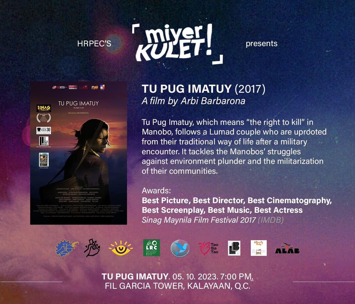 aynational's tweet photo. Agham Youth is co-presenting at @HRPECPhils' MiyerKULET later! 

TU PUG IMATUY (2017) by Arbi Barbarona

Wednesday, May 10, 7:00pm
Penthouse (open-air rooftop), Fil Garcia Tower, Kalayaan Ave., Quezon City

#MiyerKULET
#HRPEC https://t.co/eBl3DbngQX