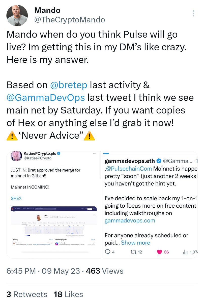 RHSuperBull's tweet photo. Yo!
You heard what the fkK @mando said !
"I think we see mainnet by Saturday?" May 9th 2023
And if you know @mando he absolutely fkin hates giving #PulseChainMainnet launch predictions! ๐๐ญ๐คฃ
#pulsechain #pulsex #hex #hexstakes #mainnet #FkiNsoon https://t.co/3N3VuCk0Et