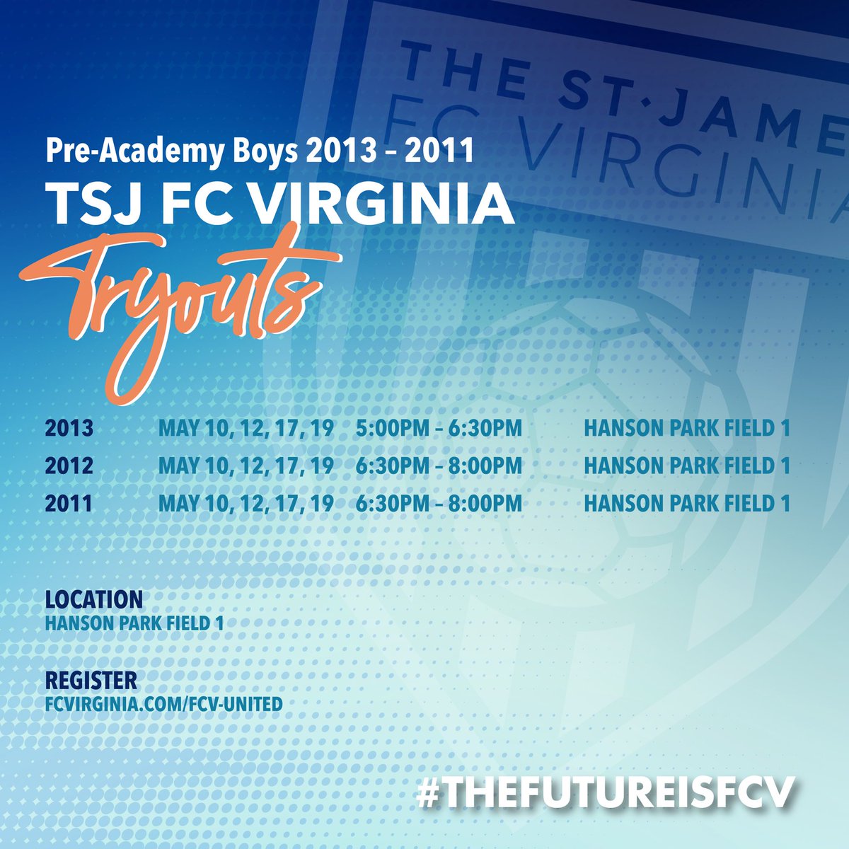 TheStJamesFC's tweet photo. Calling all Pre- Academy Boys with birth years from 2013-2011! Tryouts begin TOMORROW! Come experience the #FCVDifference by securing your spot today! #RegisterBelow https://t.co/6TLd82Ey8a