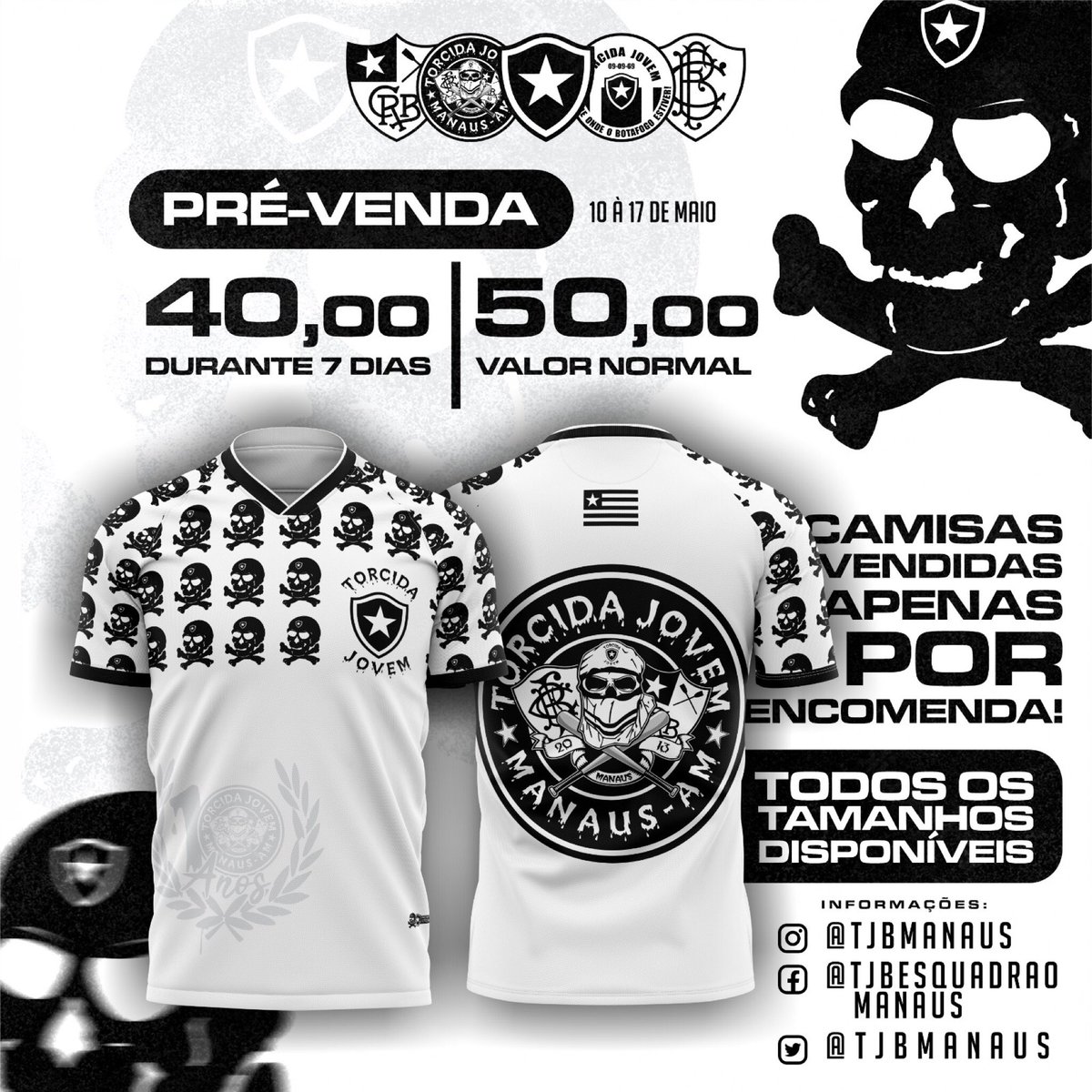 Novidade na área, Caveiras!☠️

Fique padronizado com a nova camisa do Esquadrão Manaus - TJB.

E vai rolar uma pré-venda, com um super desconto🔥 

▪️Nas encomendas realizadas entre os dias 10 à 17 de maio o valor da camisa sairá por;
🔖R$ 40,00
▪️Após;
🔖R$ 50,00 - VALOR FIXO