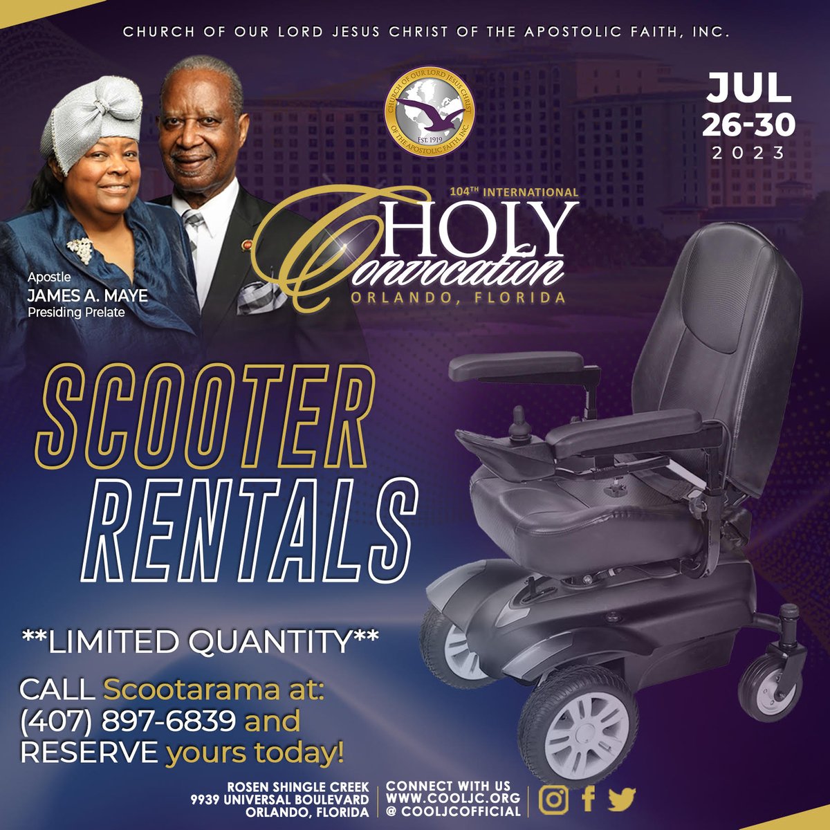 Do you need a Scooter Rental during the  104th COOLJC Holy Convocation in Orlando, FL? Call Scootarama and Reserve yours today!! (407) 897-6839  **Limited Quantity**
#COOLJC #HolyConvocation #ScooterRental