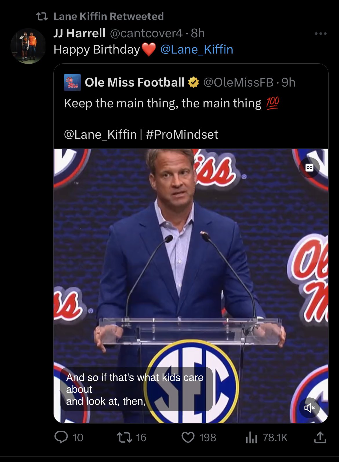 Lane Kiffin remessageing happy bday from the Vol commit is very much on brand. 