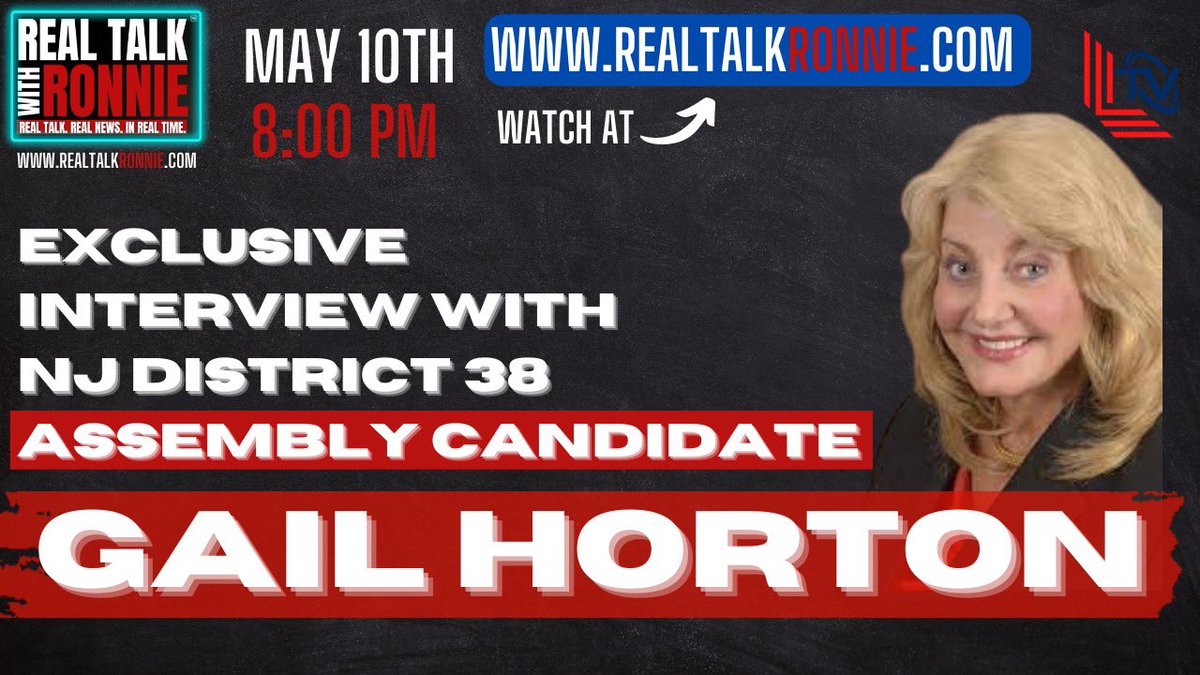 RonaldJosephLin's tweet image. TOMORROW @ 8:00 PM, “Real Talk With Ronnie” has an exclusive interview with NJ District 38 State Assembly Candidate Gail Horton! Special bonus guest at the end of the show!

Watch the show at RealTalkRonnie.com!