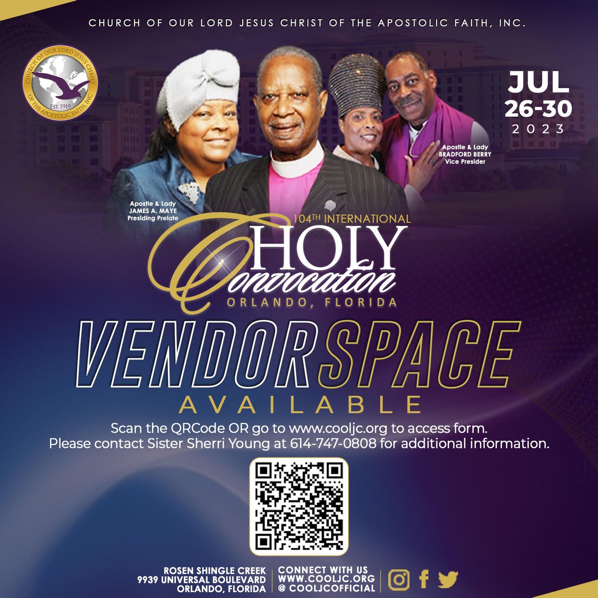 VENDOR SPACE!! If you want to be a Vendor during 103rd Holy Convocation in Orlando, Florida, Scan the QR code or go to cooljc.org to access the form.  Contact Sister Sherri Young at (614) 747-0808 for additional information
#COOLJC #HolyConvocation #VendorSpace