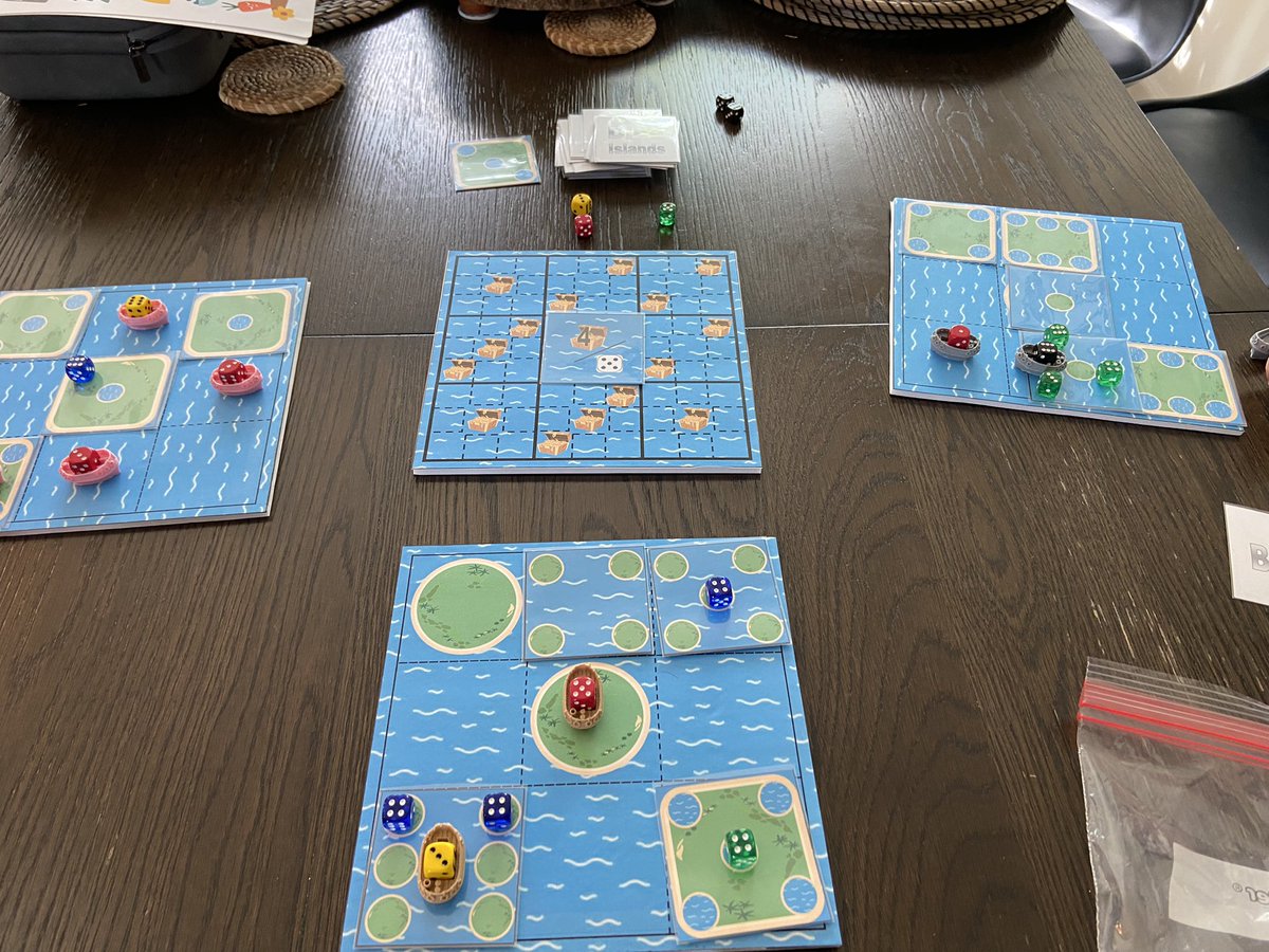 This is a new design called Dice Islands! You are discovering dice islands and preparing ships to send to the open seas. Using a layered mechanism of scoring with the player board making a huge die that is composed of 9 smaller dice cards that have dice ships placed on them too!