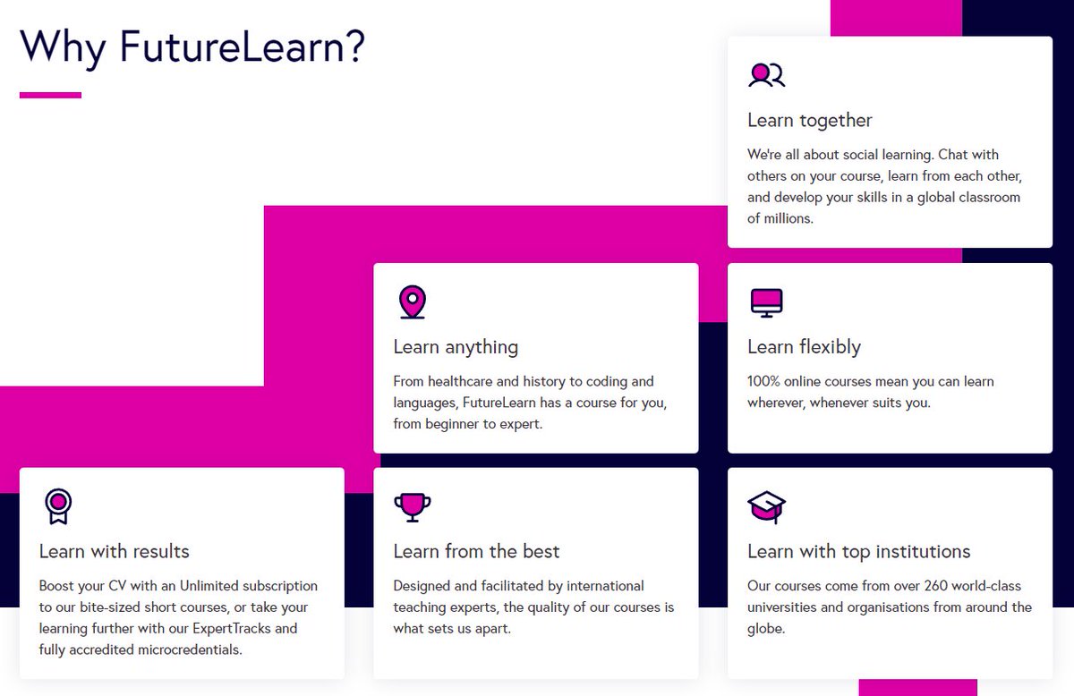 Keio_FL's tweet image. このオンラインコースプラットフォームを #FutureLearn といいます。イギリス発祥で、世界に1900万人以上の受講者がいます。扱う分野は、ビジネス、アート、医療、歴史…と幅広く、慶應からも、最近では村井純教授によるインターネットのコースなど11コース展開しています。
futurelearn.com