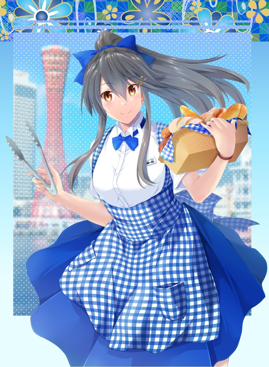 haruna (kancolle) 1girl solo blue apron bread long hair apron blue bowtie  illustration images
