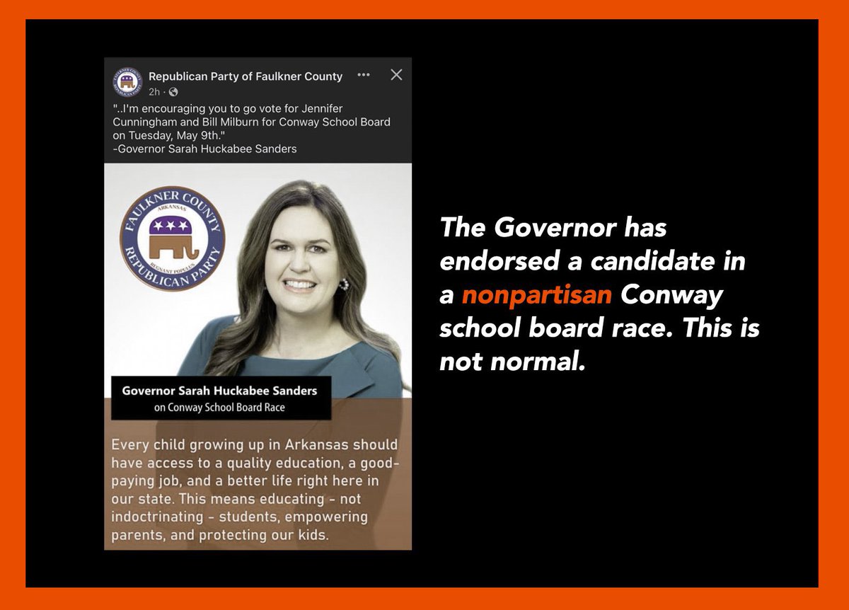 DavidWMcAvoy's tweet photo. Voters in Conway just rejected Governor Sanders’ extremist candidates by wide margins. Arkansans are seeing what the Governor and her party are pushing on Arkansas and realizing just how bad it is. Her rubber stamps in the legislature are next.  Let’s bring hope back to Arkansas! https://t.co/4VLPWgFXpQ